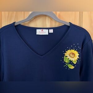 Quacker Factory Navy 3/4 Sleeve Top with Sunflower Detail